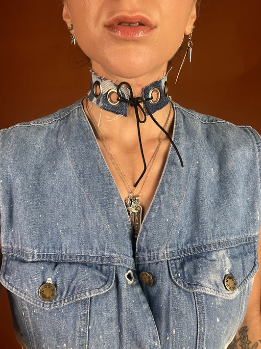 Denim x Grommet Choker Necklace - Dark Wash Bleach - Full Metal