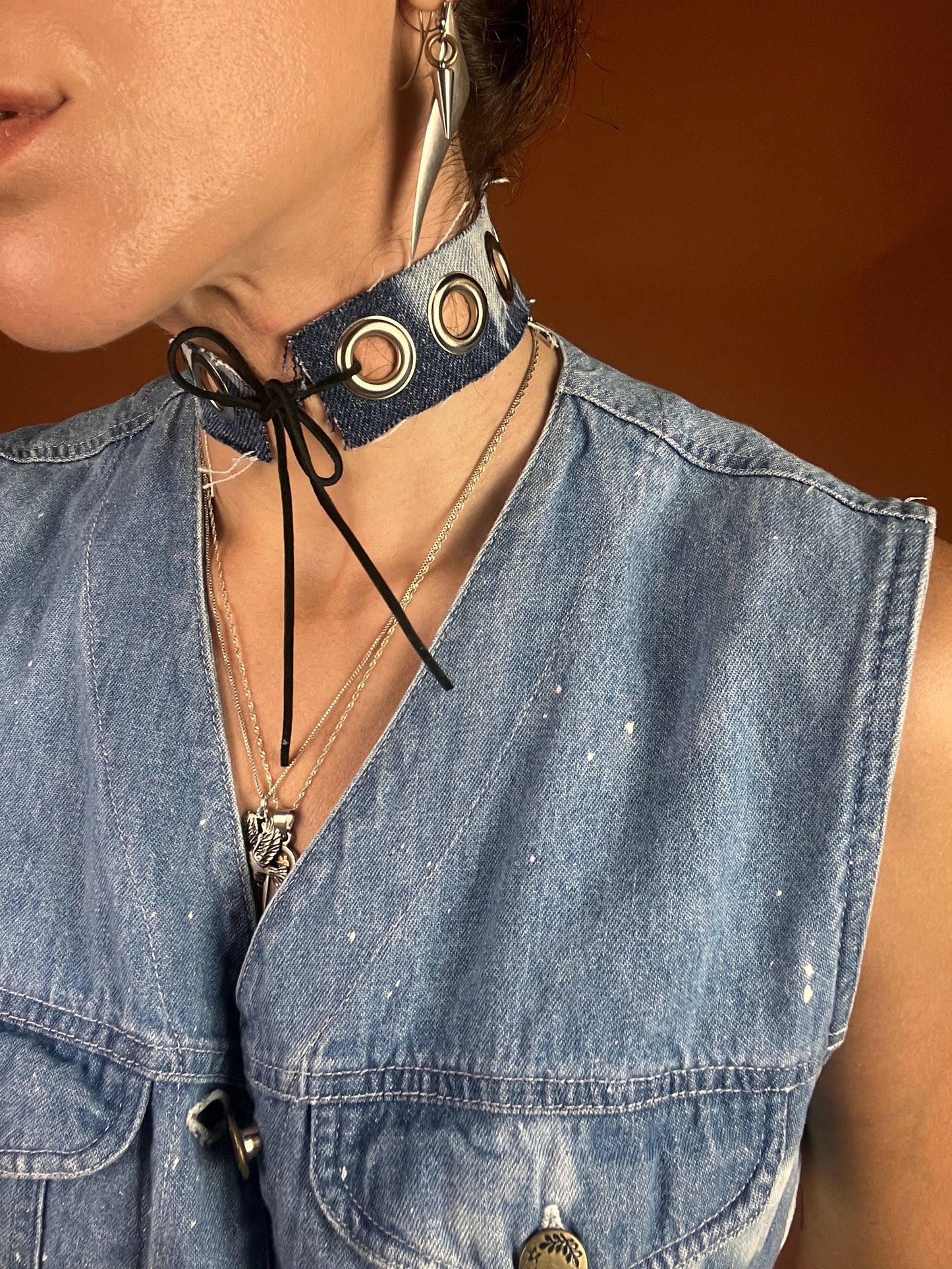 Denim x Grommet Choker Necklace - Dark Wash Bleach - Full Metal