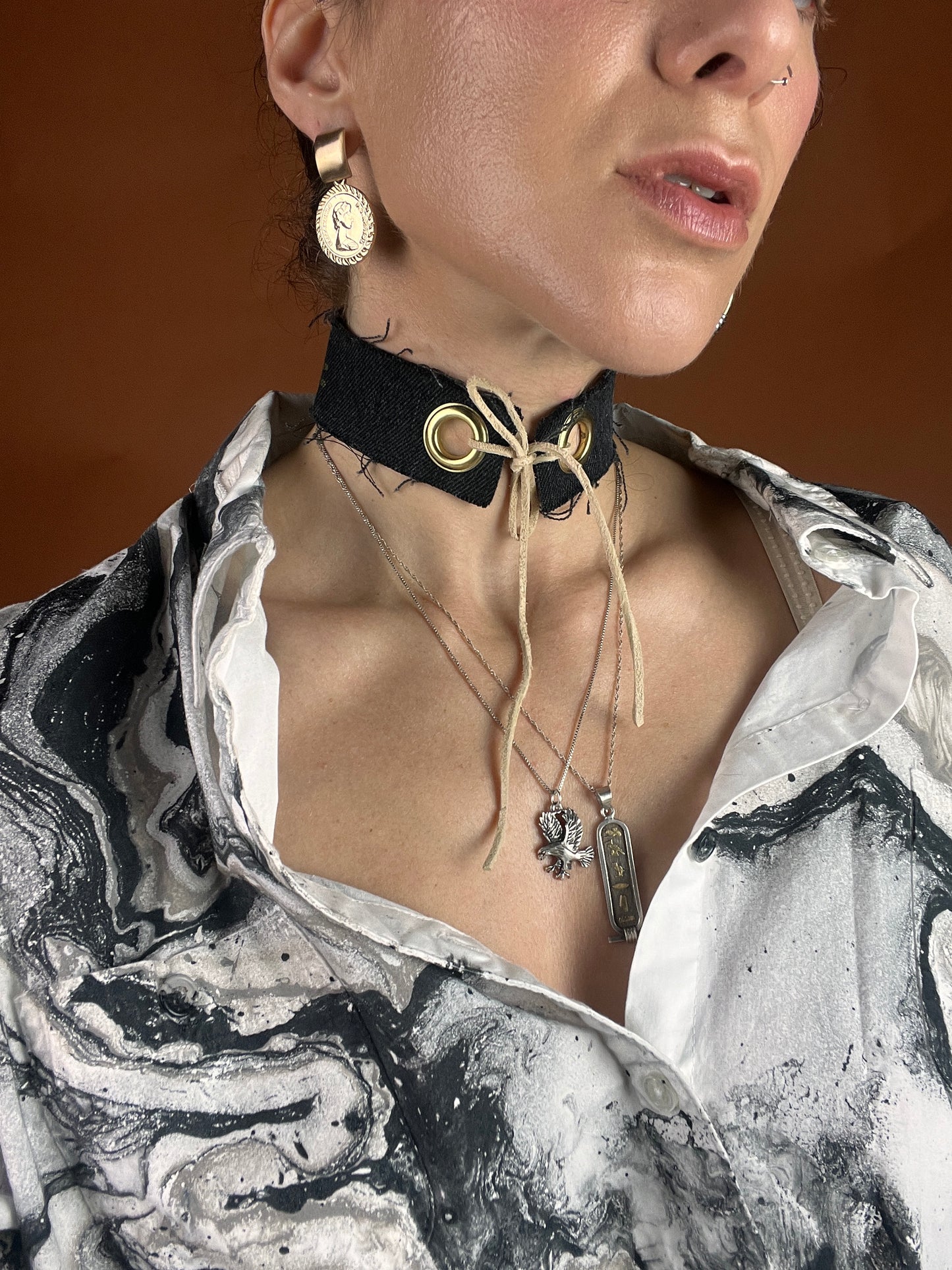 Denim x Grommet Choker Necklace - Black