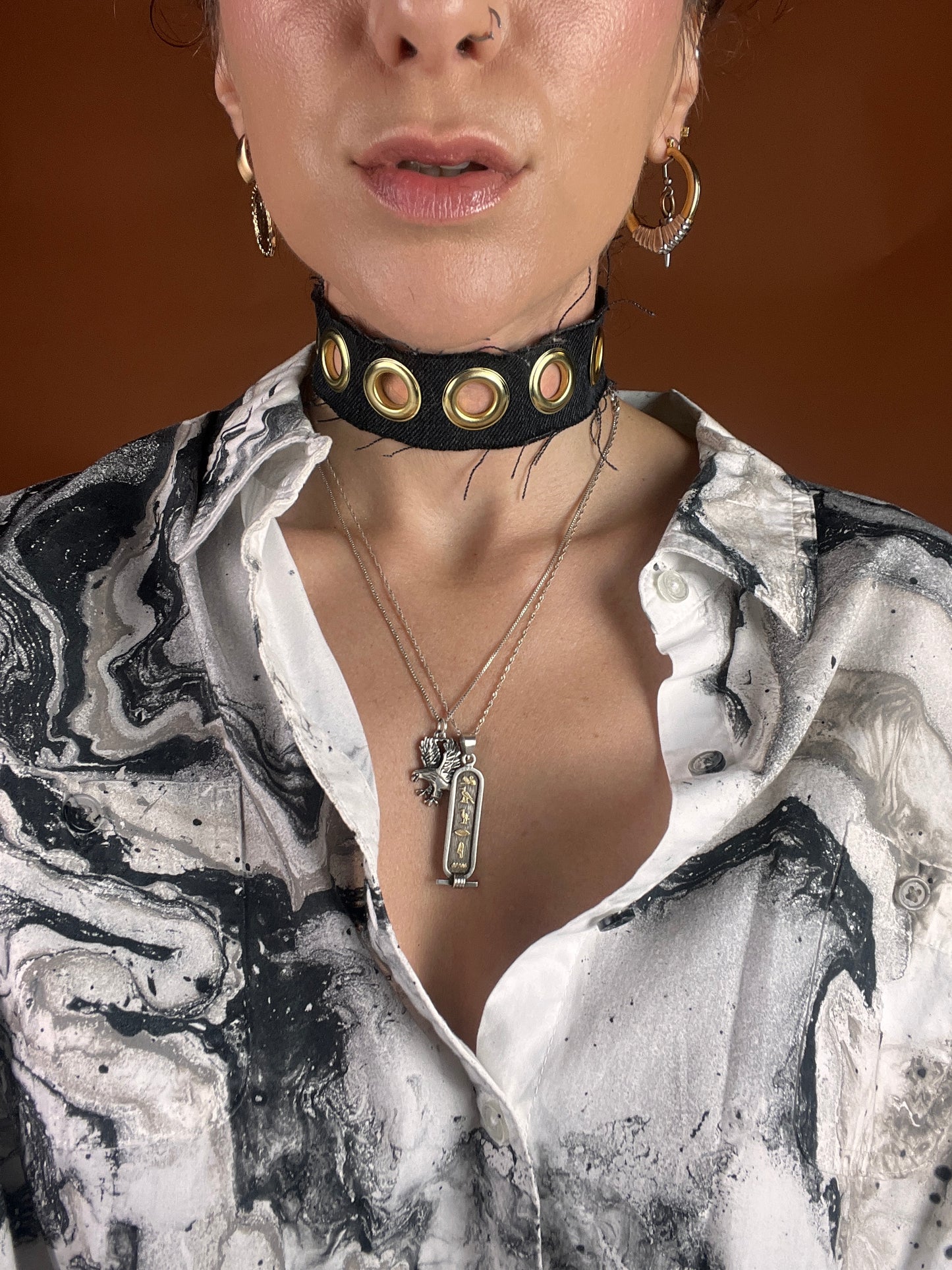 Denim x Grommet Choker Necklace - Black - Full Metal