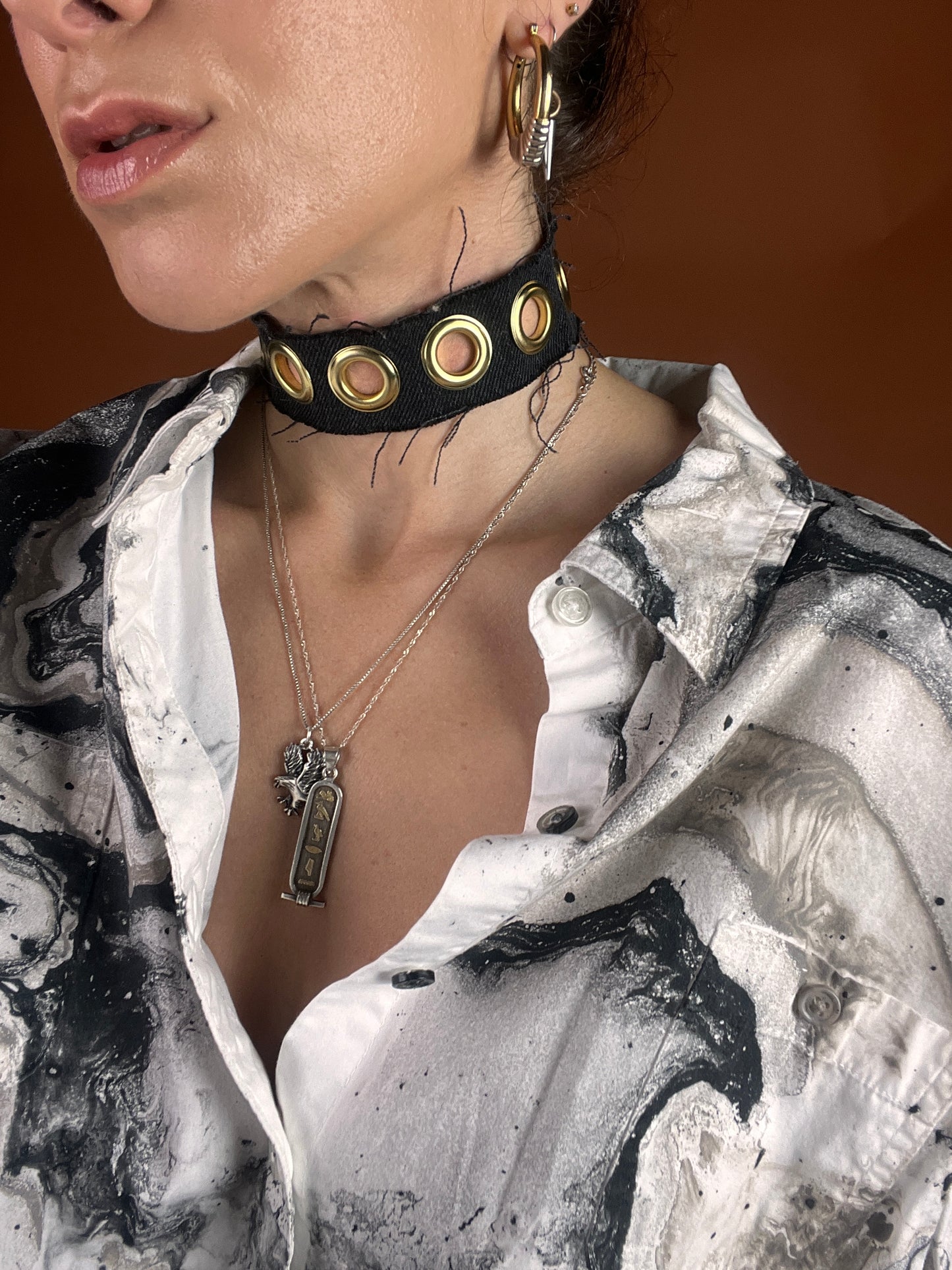 Denim x Grommet Choker Necklace - Black - Full Metal