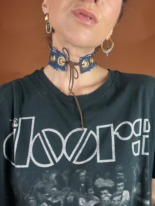 Denim x Grommet Choker Necklace - Dark Wash - Full Metal