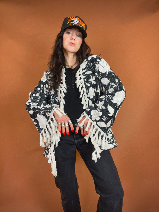 Floral Fringe Blanket Cardigan - L/XL