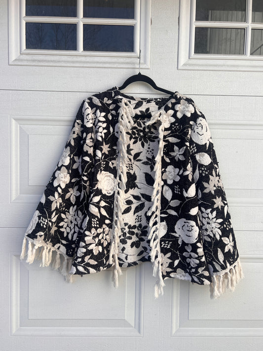 Floral Fringe Blanket Cardigan - L/XL